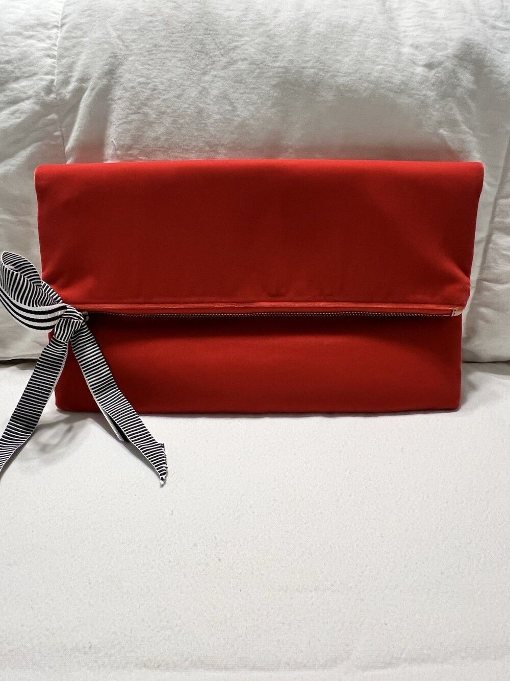 NWT J. Crew Red/Orange Velvet Envelope Clutch With Black And White Ribbon